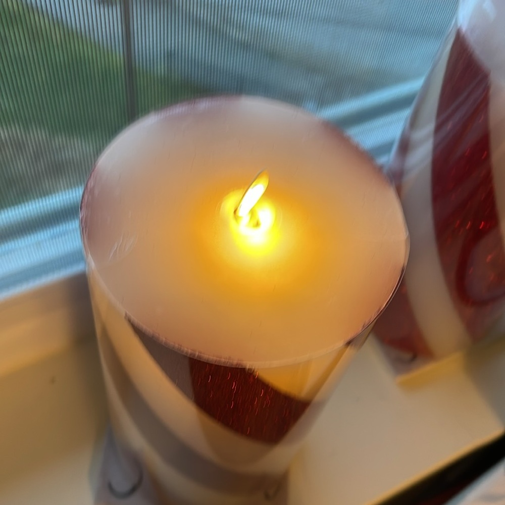 Premium Flickering Flameless Wax Pillar Candle - Candy Striped - Picture 2 of 2